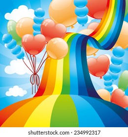 Vector Illustration. Rainbow And Balloons.