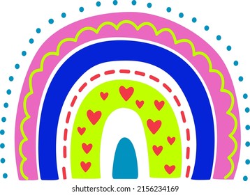 Ilustración vectorial de un arco iris en colores brillantes.  Arcoiris rayado en colores de neón. Simple ilustración vectorial para niños, revistas, publicidad, logotipo, aplicaciones móviles, publicidad.