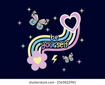 Vector illustration, rainbow and butterflies on dark background. Design for printing on shirt, poster, banner. Lovely print for t-shirt