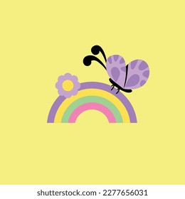 Ilustración vectorial con arco iris, mariposa y flor aislada en el fondo. Ilustración vectorial en un estilo plano.