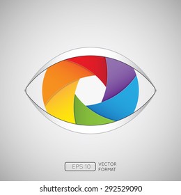 Vector illustration of rainbow camera shutter in eye , isolated on white background