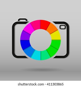 Vector  illustration of rainbow camera shutter in retro style, isolated on gray background