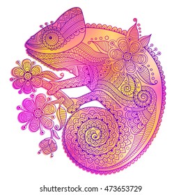 Vector illustration of rainbow chameleon and decorative patterns.