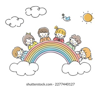 Vector illustration of rainbow and children.