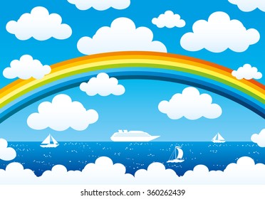 Vector illustration. Rainbow and clouds in the blue sky over the ocean.