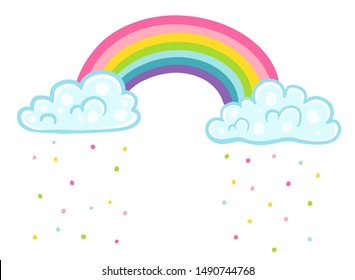 Vector illustration of a rainbow with clouds in kawaii style. Clouds with confetti and rainbow.