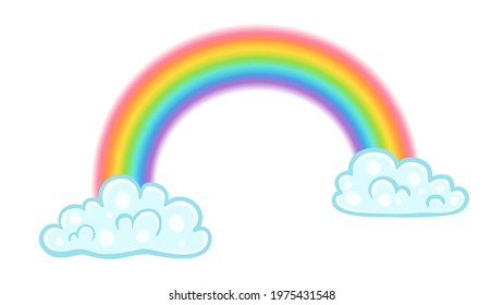 Vector illustration of a rainbow with clouds in kawaii style. Vector clouds with rainbow on isolated background.