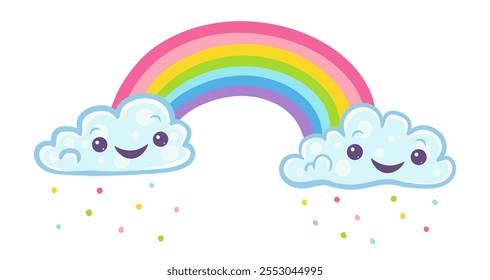 Vector illustration of a rainbow with clouds in kawaii style. Clouds with confetti and rainbow.