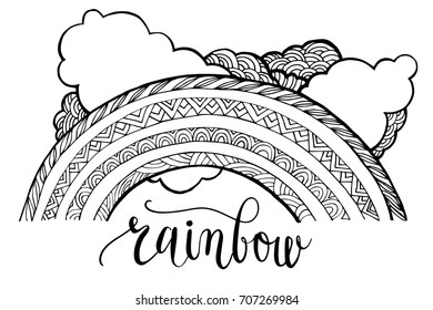 Vector illustration rainbow with clouds and letters decorated with patterns