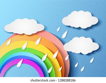 Vector illustration of a rainbow with clouds and rain. In the style of cut paper.