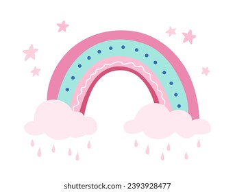 Ilustración vectorial con arco iris, nubes, estrellas y gotas. Decoración de guardería.