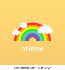 vector illustration. rainbow in the clouds with stars on a beige background with an inscription. children's illustration