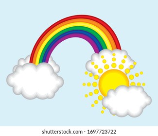 Vector illustration of a rainbow with clouds and a sun