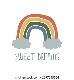 Vector illustration of a rainbow with clouds and text: sweet dreams. Hand drawing of a sky rainbow isolated on a white background.