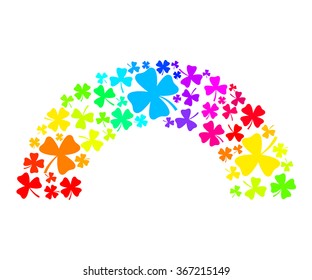 Vector illustration of rainbow with clover on white background. Red, orange, yellow, green, blue, purple, pink colors. Element for design.