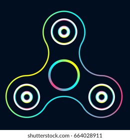 Vector illustration of rainbow color fidget spinner. Creative concept of toy for stress relief on black background. Toy for improvement of attention span. Thin line art design of hand spinner for web