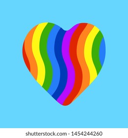 Vector illustration with rainbow color heart, artistic, on a light blue background. Cards template Pride parade template design.