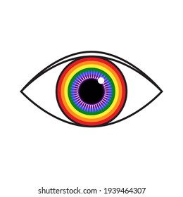 Vector illustration of rainbow colored eye. Flag of LGBT community inside eyeball. can be used for sticker, pin, greeting card, poster, patch, t-shirt prints.