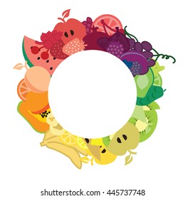 vector illustration / rainbow colored fruits in circle design / natural nutrition round frame