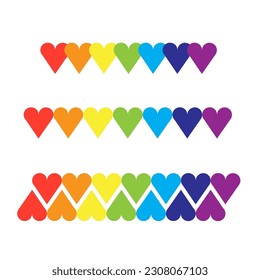 Vector illustration of rainbow colored hearts on a white isolated background. Hearts standing in a row, a sign of sexual minorities. Pride.