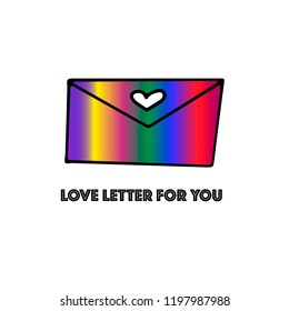 Vector illustration of rainbow colored object. Love letter in envelope with heart and text "love letter for you" bellow. Rainbow colored items for card/invitation/banner template. EPS10