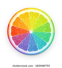 Vector illustration of a rainbow colored slice of a citrus fruit.