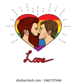 Vector illustration with rainbow colors. Vector banner of a homosexual couple is kissing. Two young men kissing each other inside the heart shape frame with typing "love". Happy pride day banner