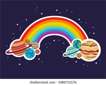 Vector Illustration of a Rainbow with Complete Color ROYGBIV with Solar System Planets like Earth, Jupiter Saturn, Venus at both ends in a Blue Night Sky Background with White and Yellow Stars