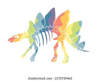 Vector illustration with rainbow dinosaur skeleton isolated on a white background. Original design with dinosaur for children. Print for T-shirts, textiles, wrapping papers, webb.