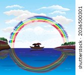 vector illustration of rainbow and drizzle. Decorated with clouds that shade the lake with a small boat with two people on board. Rainbow shadows on the lake water. Desing for template and background