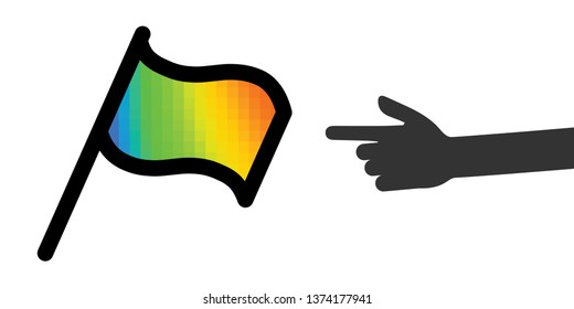 vector illustration rainbow flag and hand pointing at it for lgbt and pride issues attention