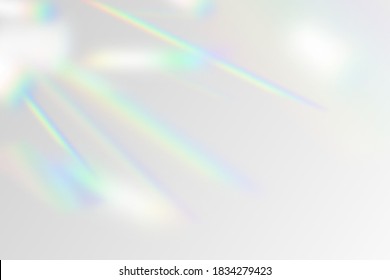 Vector Illustration Of Rainbow Flare Overlay Effect Mockup. Blurred Reflection Crystal Rays, Shadows And Flash On Background. Natural Iridescent Light Backdrop