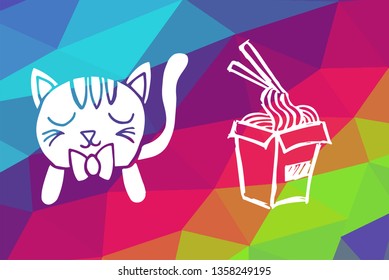 Vector Illustration of Rainbow Geometric and Polygon with Cat Animal and Ramen Food. Graphic Design in Set, Collection, Template, Layout and Background.
