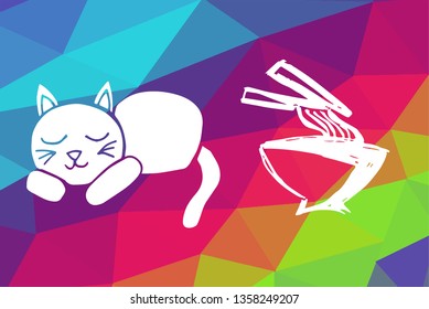 Vector Illustration of Rainbow Geometric and Polygon with Cat Animal and Ramen Food. Graphic Design in Set, Collection, Template, Layout and Background.