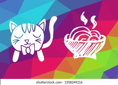 Vector Illustration of Rainbow Geometric and Polygon with Cat Animal and Ramen Food. Graphic Design in Set, Collection, Template, Layout and Background.