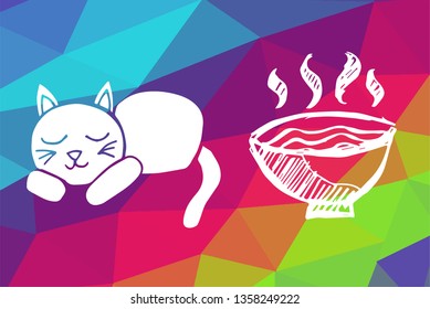 Vector Illustration of Rainbow Geometric and Polygon with Cat Animal and Ramen Food. Graphic Design in Set, Collection, Template, Layout and Background.