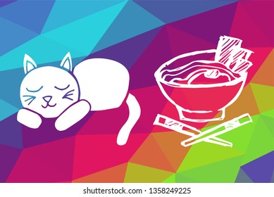 Vector Illustration of Rainbow Geometric and Polygon with Cat Animal and Ramen Food. Graphic Design in Set, Collection, Template, Layout and Background.