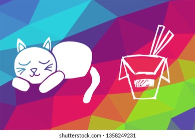 Vector Illustration of Rainbow Geometric and Polygon with Cat Animal and Ramen Food. Graphic Design in Set, Collection, Template, Layout and Background.