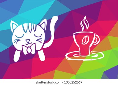 Vector Illustration of Rainbow Geometric and Polygon with Cat Animal and Coffee Drinks. Graphic Design in Set, Collection, Template, Layout and Background.