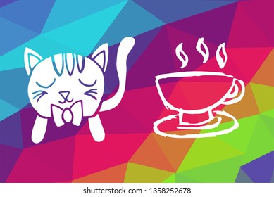 Vector Illustration of Rainbow Geometric and Polygon with Cat Animal and Coffee Drinks. Graphic Design in Set, Collection, Template, Layout and Background.