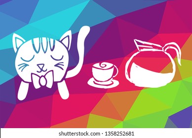 Vector Illustration of Rainbow Geometric and Polygon with Cat Animal and Coffee Drinks. Graphic Design in Set, Collection, Template, Layout and Background.