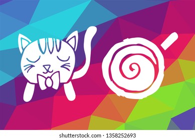 Vector Illustration of Rainbow Geometric and Polygon with Cat Animal and Coffee Drinks. Graphic Design in Set, Collection, Template, Layout and Background.