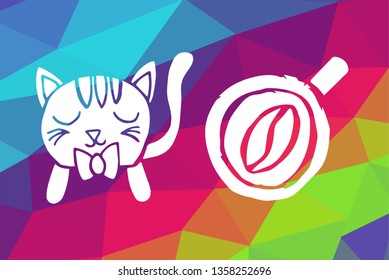 Vector Illustration of Rainbow Geometric and Polygon with Cat Animal and Coffee Drinks. Graphic Design in Set, Collection, Template, Layout and Background.