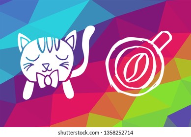 Vector Illustration of Rainbow Geometric and Polygon with Cat Animal and Coffee Drinks. Graphic Design in Set, Collection, Template, Layout and Background.