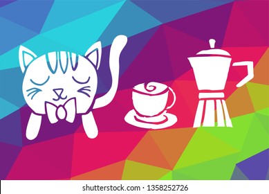 Vector Illustration of Rainbow Geometric and Polygon with Cat Animal and Coffee Drinks. Graphic Design in Set, Collection, Template, Layout and Background.