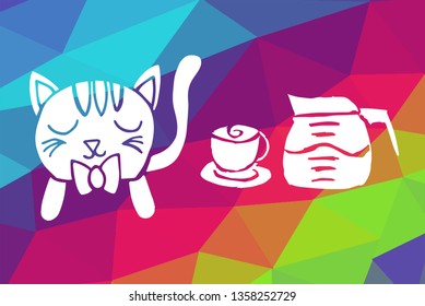 Vector Illustration of Rainbow Geometric and Polygon with Cat Animal and Coffee Drinks. Graphic Design in Set, Collection, Template, Layout and Background.