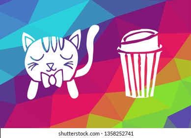 Vector Illustration of Rainbow Geometric and Polygon with Cat Animal and Coffee Drinks. Graphic Design in Set, Collection, Template, Layout and Background.