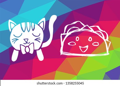 Vector Illustration of Rainbow Geometric and Polygon with Cat Animal and Tacos Food. Graphic Design in Set, Collection, Template, Layout and Background.