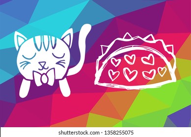 Vector Illustration of Rainbow Geometric and Polygon with Cat Animal and Tacos Food. Graphic Design in Set, Collection, Template, Layout and Background.