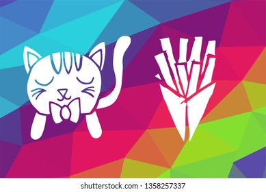 Vector Illustration of Rainbow Geometric and Polygon with Cat Animal and French Fries Food. Graphic Design in Set, Collection, Template, Layout and Background.